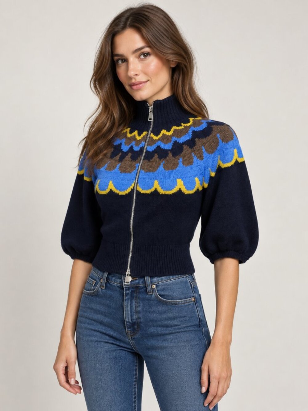 Aligne XS Navy Fair Isle Zip Front Cropped Cardigan Wool Blend Sweater